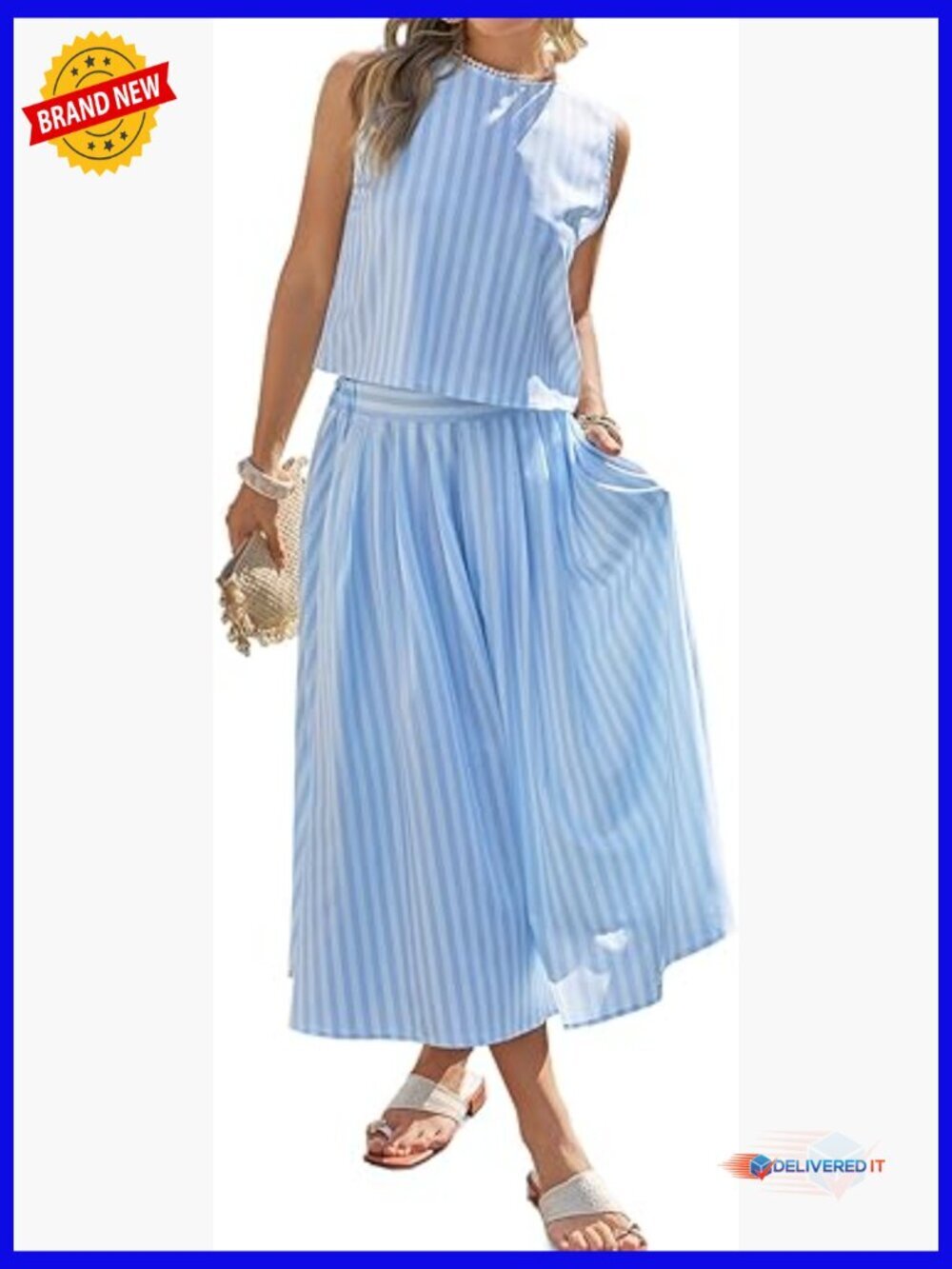 2 Piece Skirt Set Striped Sleeveless Tank Top Midi Dress Travel Outfit